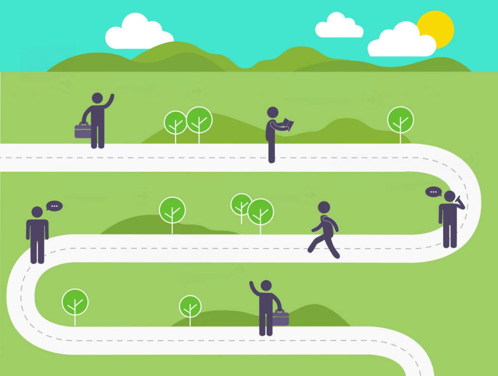 Graphic illustration of stick men walking dotted along a winding road in the countryside.