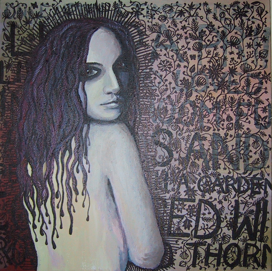 Painting of woman with her back to the viewer, turning and some random words