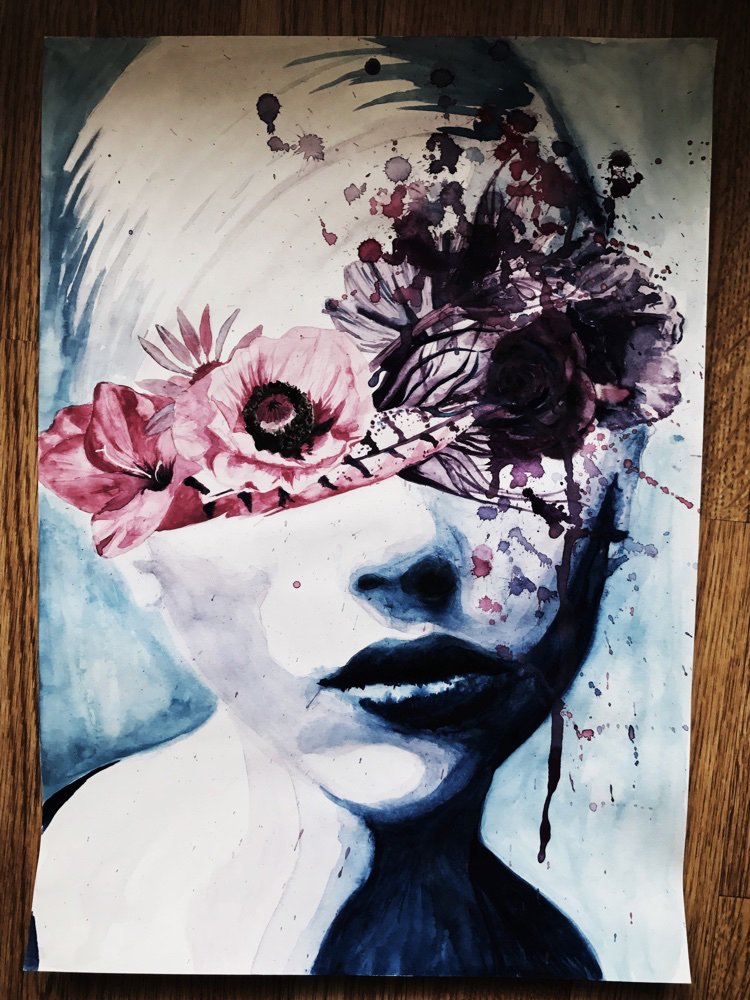 Water colour painting of woman with flowersand feather over her eyes