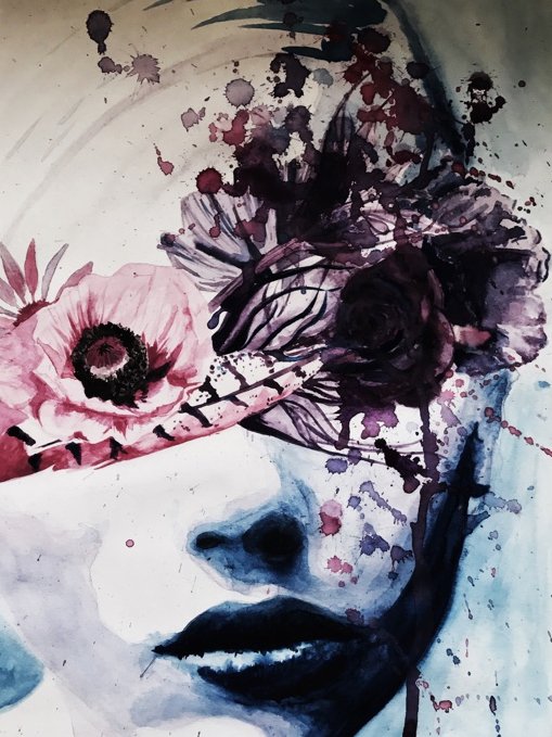 Illustration water colour painting of woman with flowers and feather over her eyes