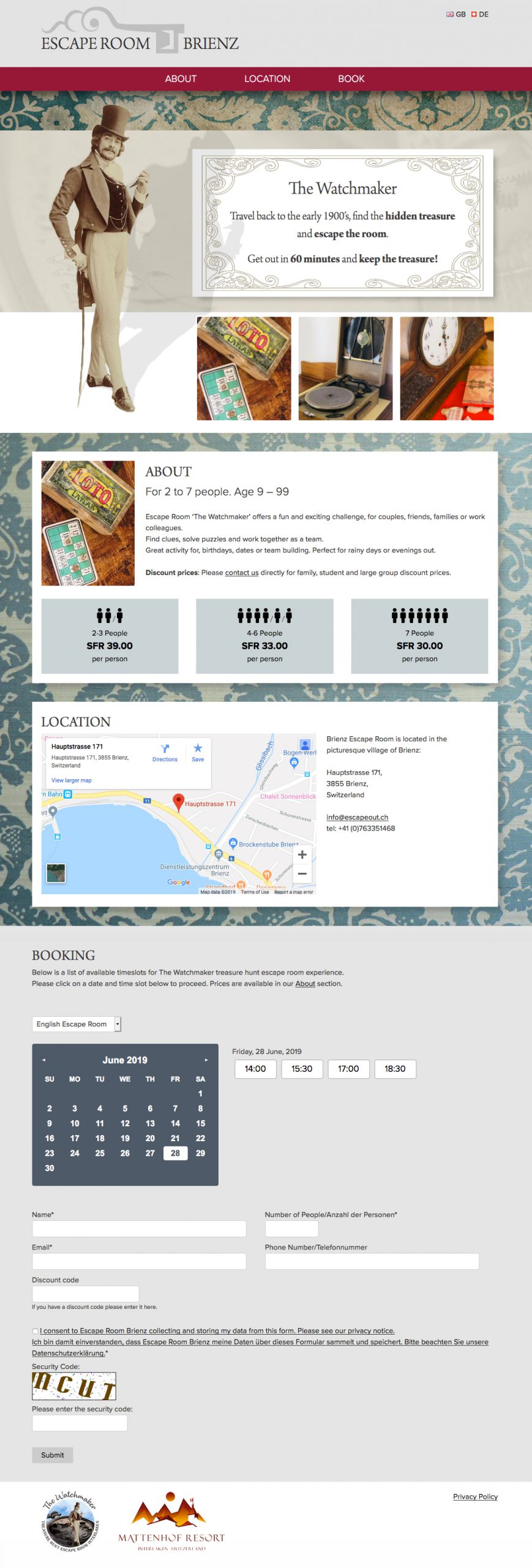 Escape room website screenshot