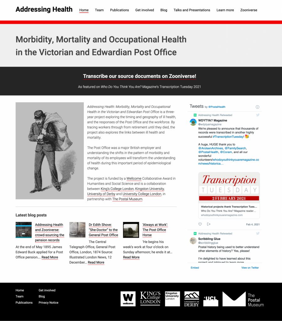 Addressing Health website screenshot showing homepage text and old illustration of a postman