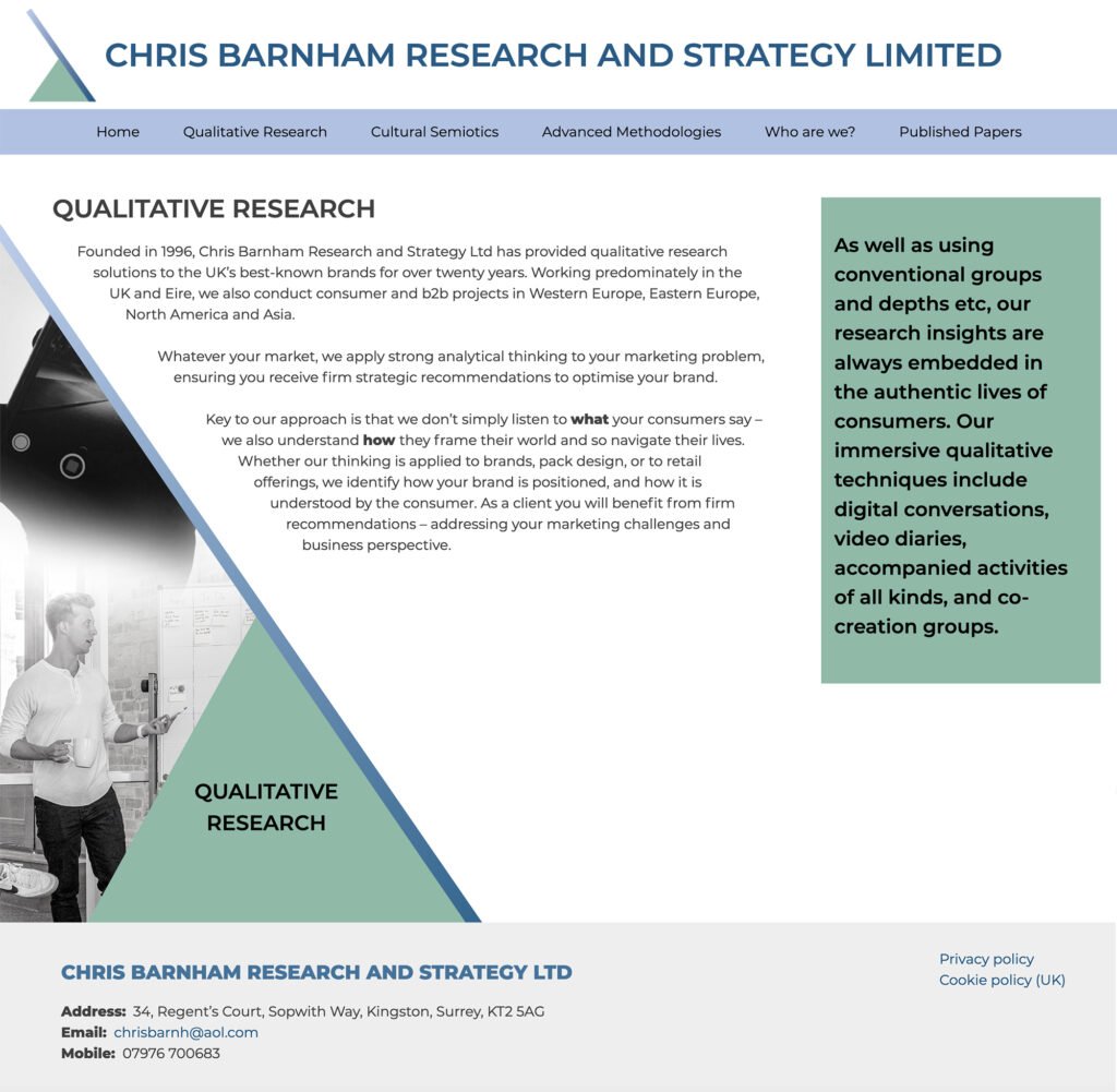 Screenshot of research page of Chris Barnham website featuring blended black and white photos and contact information.