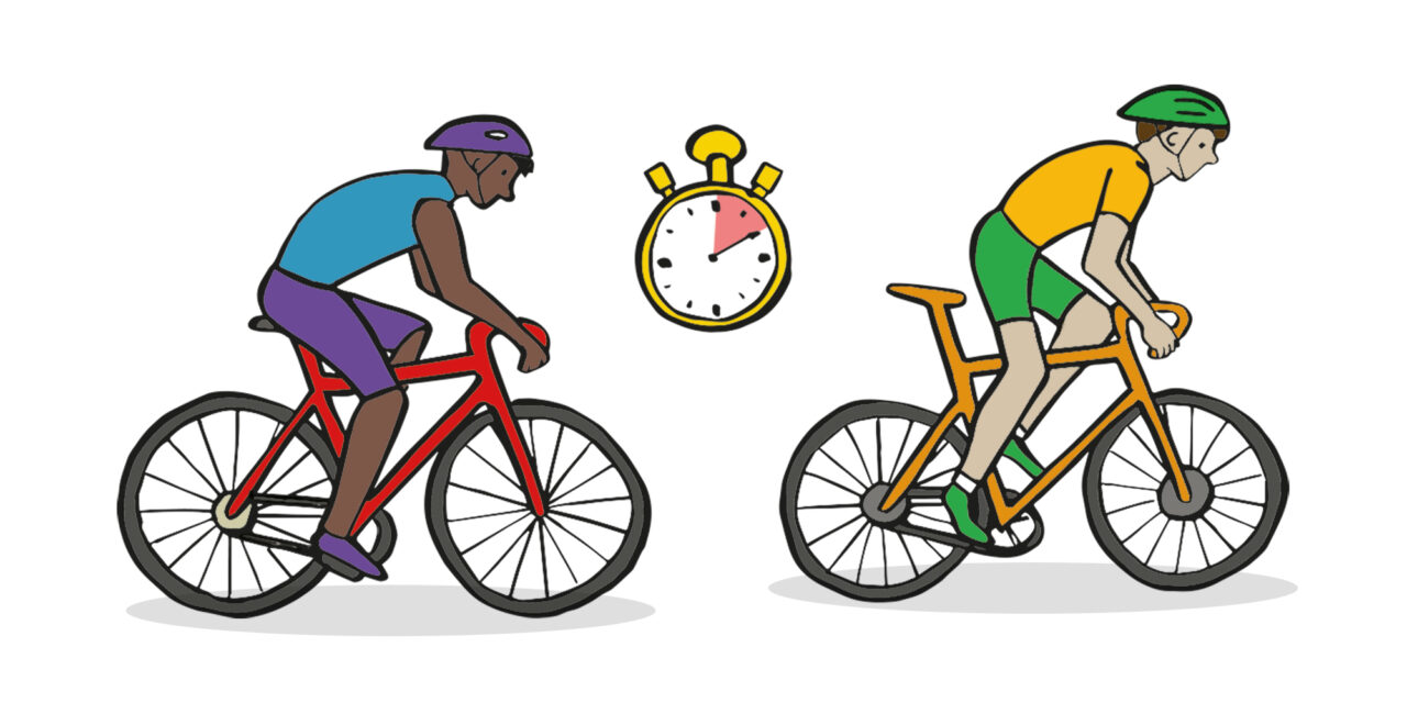 illustration of two cyclists, one in front of the other with a stopwatch inbetween