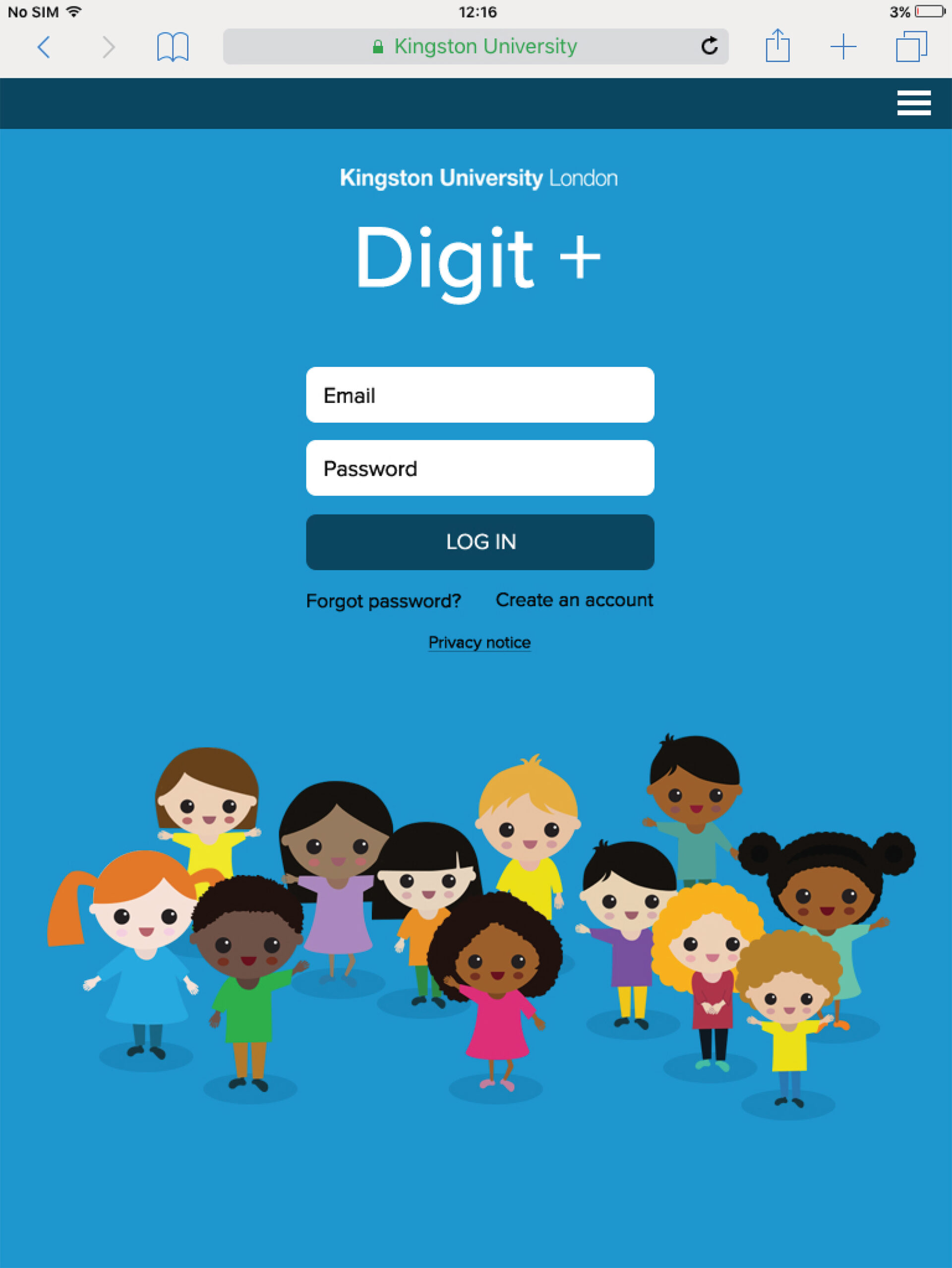 Mock up of log in page with illustrations of small children