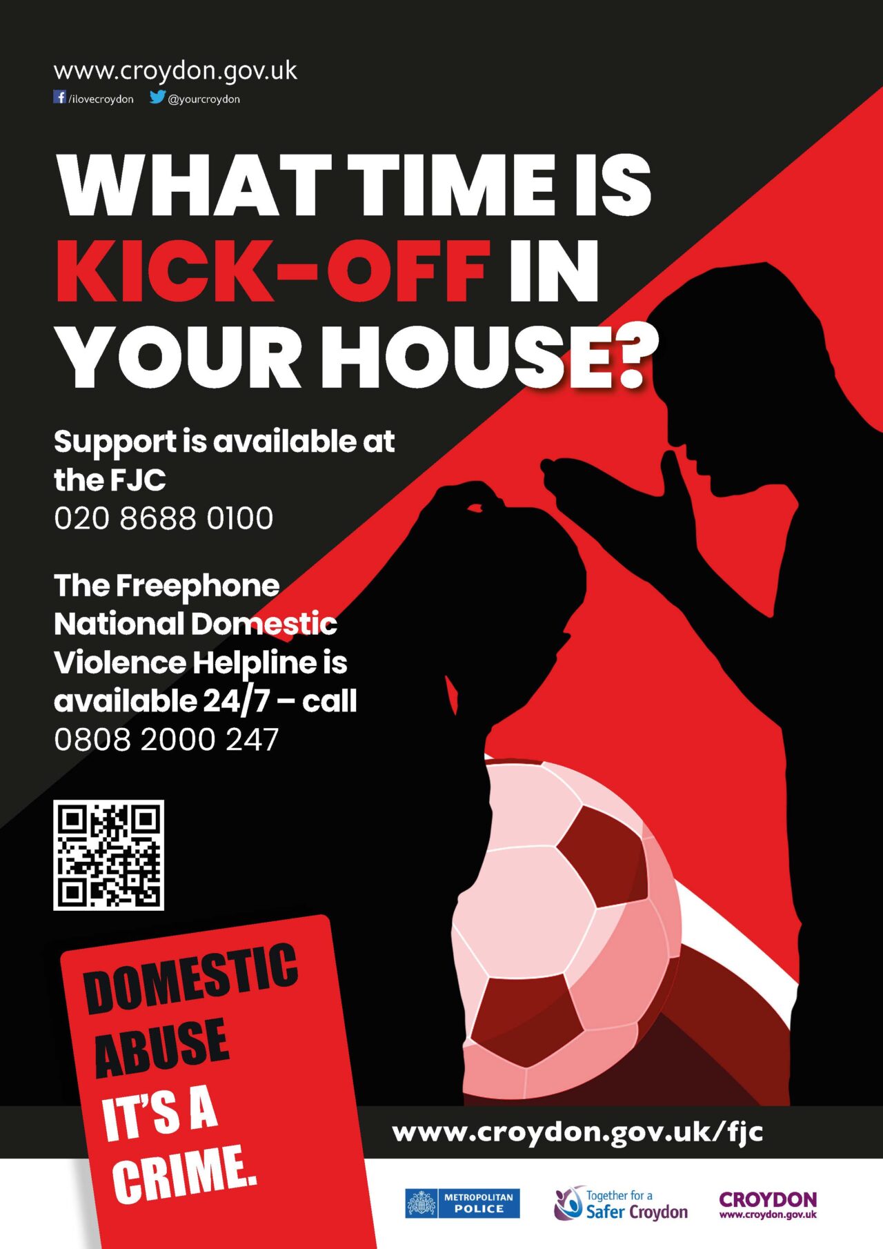 Domestic abuse poster, with red and black graphic of a person shouting at another person, and a football.