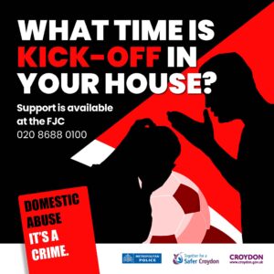 Domestic abuse poster, with red and black graphic of a person shouting at another person, and a football.