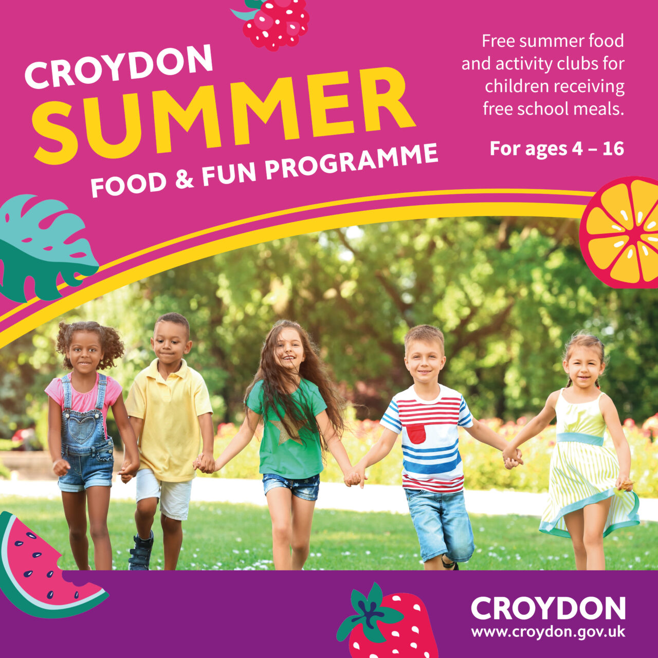 Summer food and fun programme image which shows a group of school children running in a park